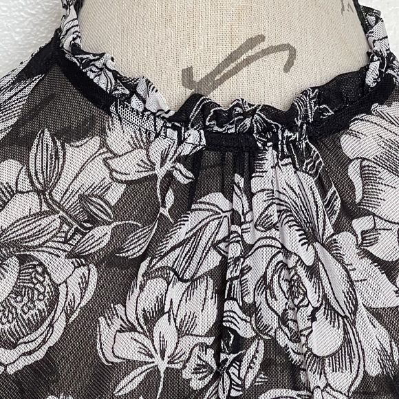 Womens Blouse Top Size Medium Mesh Sheer High Neckline Floral Print Ruffle Black - Picture 8 of 12